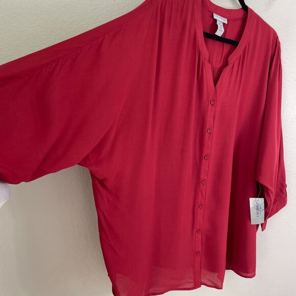 NEW Catherines Womens Plus 2X 22/24W Burgundy Button Up Blouse Shirt Top V Neck - Picture 9 of 11